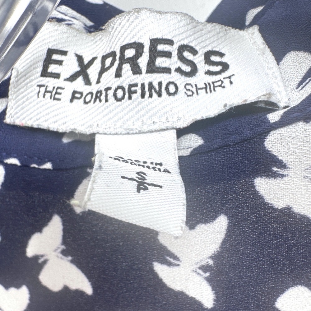 Express Portofino Butterfly Print Women's Shirt Size S Navy Blue Roll Tab Sleeve - Picture 5 of 8